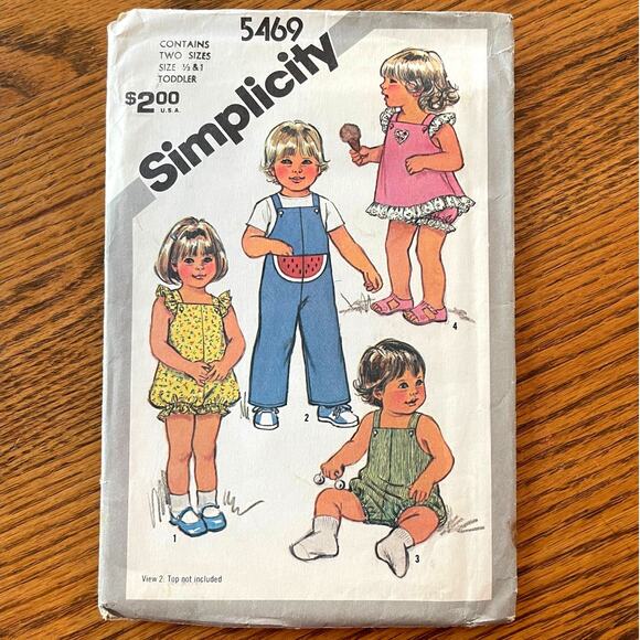 Vintage 1980s Simplicity 5469 Sewing Pattern Toddler Jumpsuit Dress COMPLETE - Picture 1 of 2